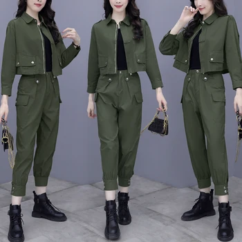 2022 M. Pavasarį Korėjos Moterų Mados Safari Stiliaus Krovinių Kelnės Dviejų Dalių, Paltai Ir Kelnės Drabužius Žalia Juoda