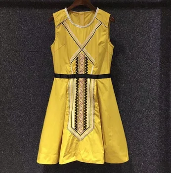 Aukščiausios Kokybės Medvilnės Suknelė 2021 M. Vasarą Moterys, O-Kaklo Appliques Siuvinėjimas Rankovių-Line Atsitiktinis Žalia Geltona Suknelė Vestidos