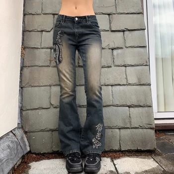 Pavasarį, Rudenį Merginos Ilgai Džinsai, Moteriški Laisvalaikio Stiliaus Geometrinis Modelis Vidurio Juosmens Varpo apačioje Kelnės Slim Džinsinio audinio Kelnės