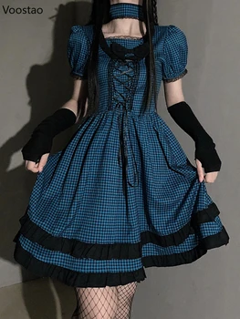 Vasaros Gothic Lolita Stiliaus Suknelė Mergaitėms Harajuku Aikštėje Apykaklės Lankas Tvarstis Pledas Retro Suknelės Moterims, Tamsiai Prašmatnus Gatvės Y2k Suknelė